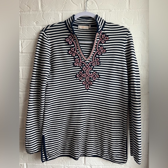 Tory Burch Nautical Resort Blue White Striped Cotton Tunic Size XS Preppy Beach - Picture 1 of 6